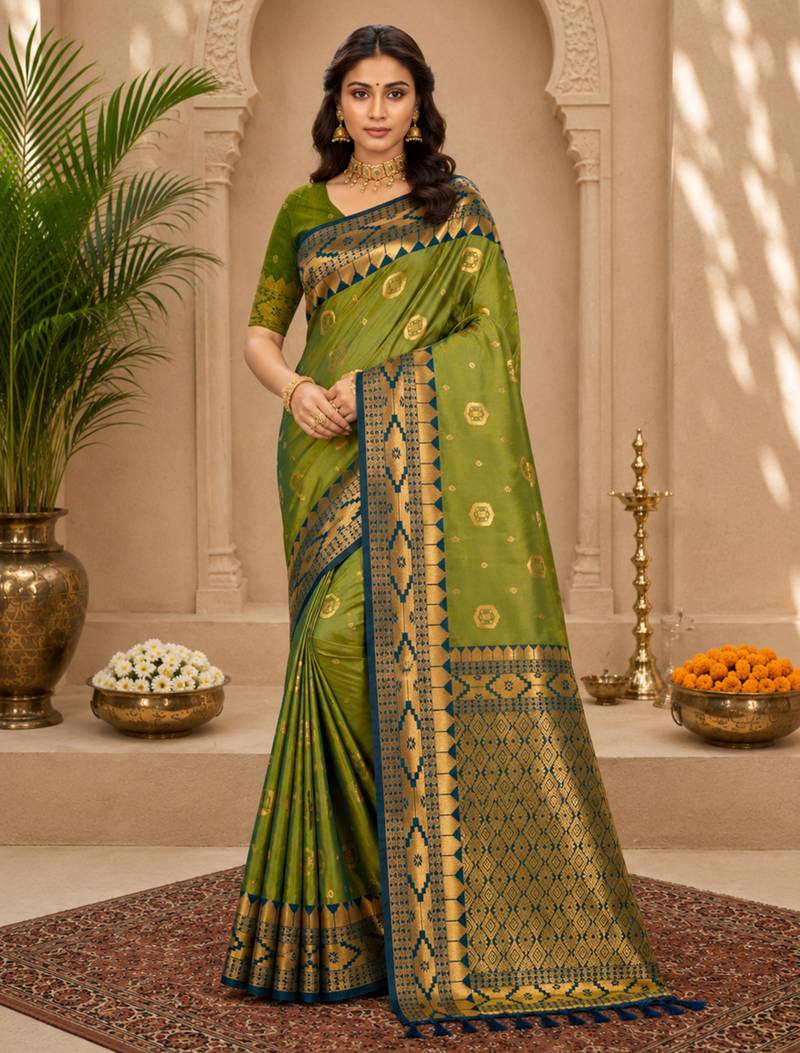 Sangam prints olive green soft silk blend woven work traditional saree