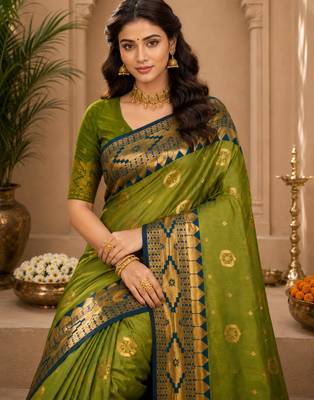 Sangam prints olive green soft silk blend woven work traditional saree 2