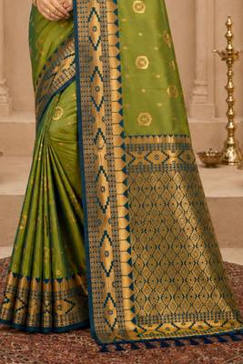 Sangam prints olive green soft silk blend woven work traditional saree 3