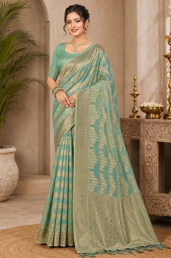Sangam prints sea green cotton silk woven work traditional saree