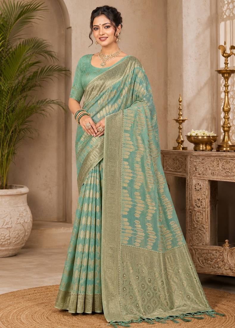 Sangam prints sea green cotton silk woven work traditional saree