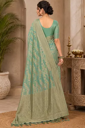Sangam prints sea green cotton silk woven work traditional saree