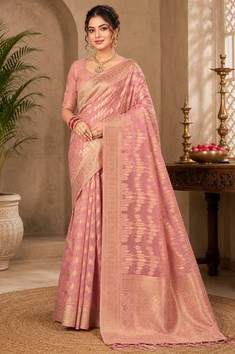 Sangam prints dusty pink cotton silk woven work traditional saree