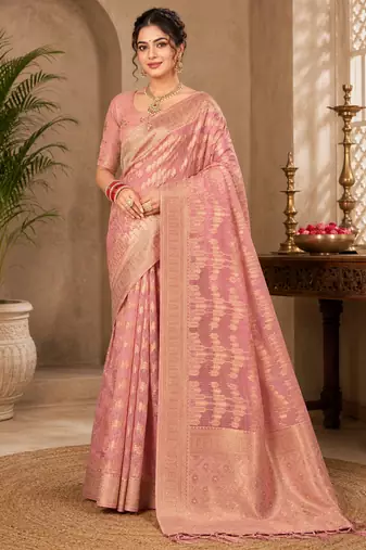 Sangam prints dusty pink cotton silk woven work traditional saree