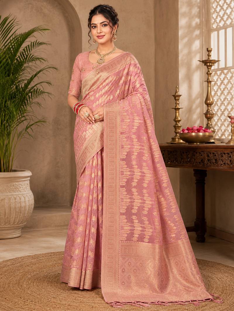 Sangam prints dusty pink cotton silk woven work traditional saree