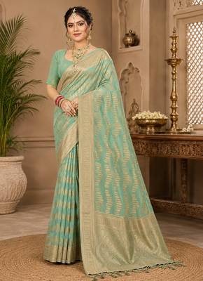 Sangam prints sea green cotton silk woven work traditional saree 1