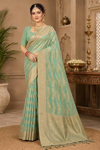 Sangam prints sea green cotton silk woven work traditional saree