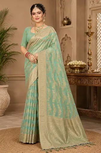 Sangam prints sea green cotton silk woven work traditional saree