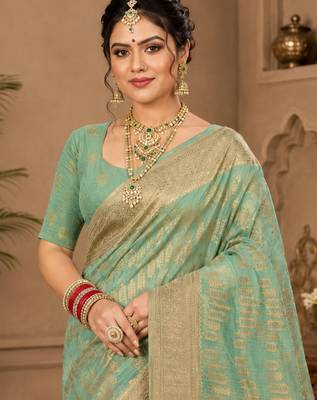 Sangam prints sea green cotton silk woven work traditional saree 2