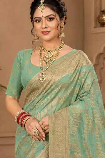 Sangam prints sea green cotton silk woven work traditional saree