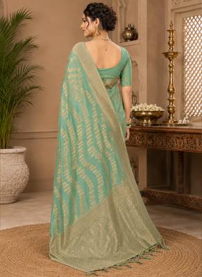 Sangam prints sea green cotton silk woven work traditional saree 3