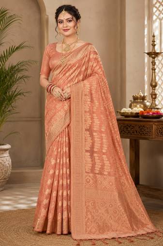 Sangam prints peach cotton silk woven work traditional saree