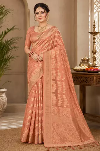 Sangam prints peach cotton silk woven work traditional saree