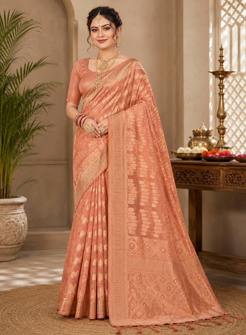Sangam prints peach cotton silk woven work traditional saree