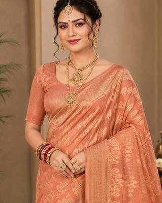 Sangam prints peach cotton silk woven work traditional saree 2