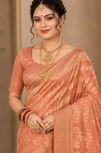 Sangam prints peach cotton silk woven work traditional saree