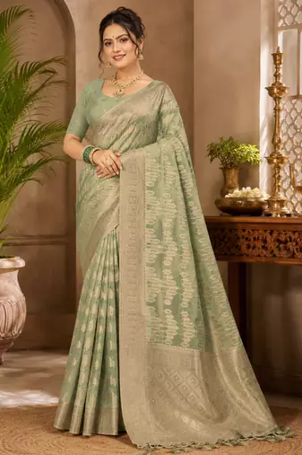 Sangam prints sage green cotton silk woven work traditional saree