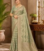 Sangam prints sage green cotton silk woven work traditional saree