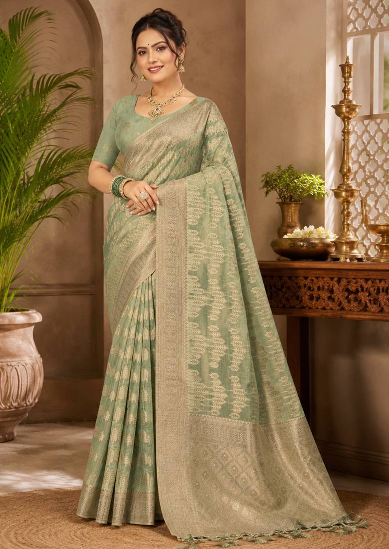 Sangam prints sage green cotton silk woven work traditional saree
