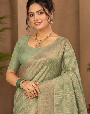 Sangam prints sage green cotton silk woven work traditional saree 2
