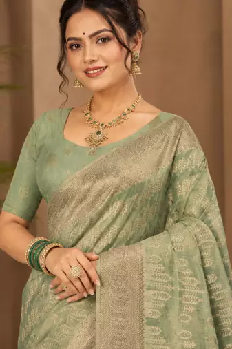 Sangam prints sage green cotton silk woven work traditional saree