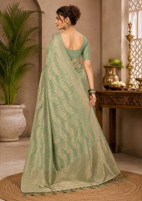 Sangam prints sage green cotton silk woven work traditional saree 3