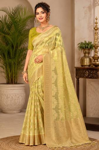 Sangam prints light yellow cotton silk woven work traditional saree