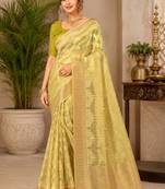 Sangam prints light yellow cotton silk woven work traditional saree