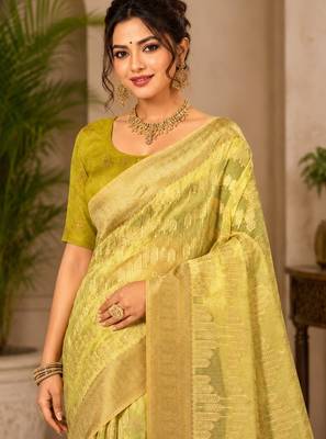 Sangam prints light yellow cotton silk woven work traditional saree 2