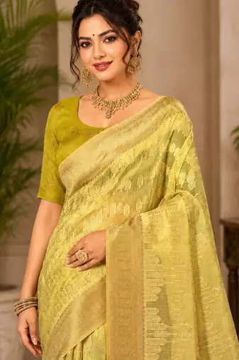 Sangam prints light yellow cotton silk woven work traditional saree