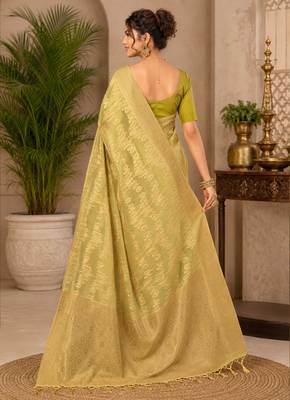 Sangam prints light yellow cotton silk woven work traditional saree 3