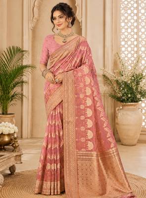 Sangam prints dusty pink cotton silk woven work traditional saree 1