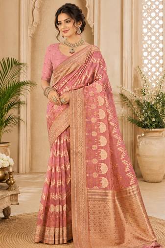 Sangam prints dusty pink cotton silk woven work traditional saree