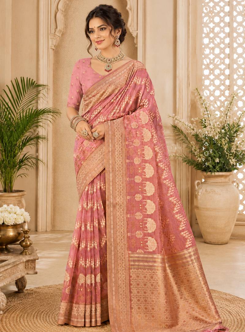 Sangam prints dusty pink cotton silk woven work traditional saree
