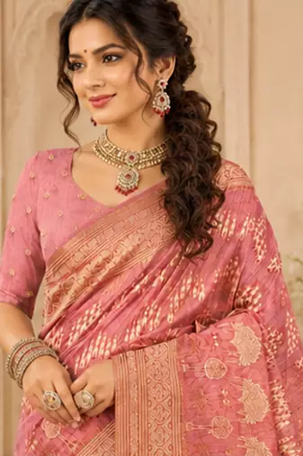 Sangam prints dusty pink cotton silk woven work traditional saree
