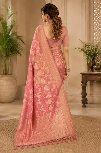Sangam prints dusty pink cotton silk woven work traditional saree