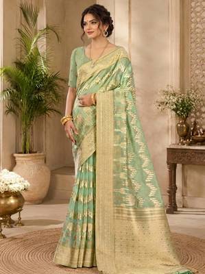 Sangam prints sage green cotton silk woven work traditional saree 1