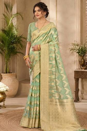 Sangam prints sage green cotton silk woven work traditional saree
