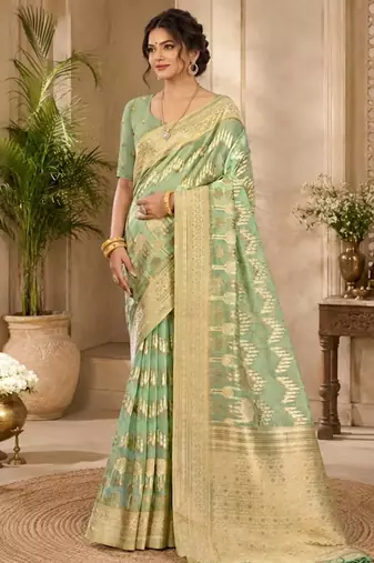 Sangam prints sage green cotton silk woven work traditional saree
