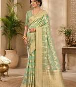 Sangam prints sage green cotton silk woven work traditional saree