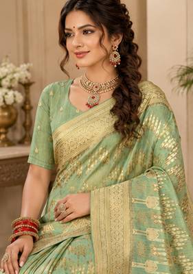 Sangam prints sage green cotton silk woven work traditional saree 2