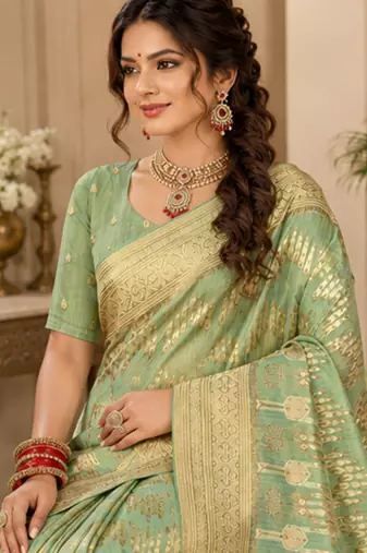 Sangam prints sage green cotton silk woven work traditional saree