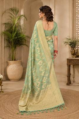 Sangam prints sage green cotton silk woven work traditional saree 3