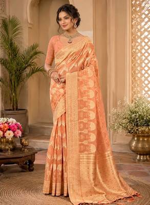 Sangam prints peach cotton silk woven work traditional saree 1