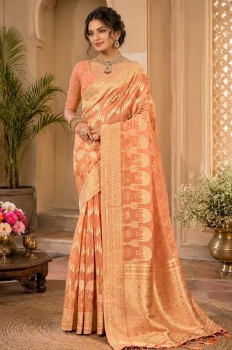 Sangam prints peach cotton silk woven work traditional saree