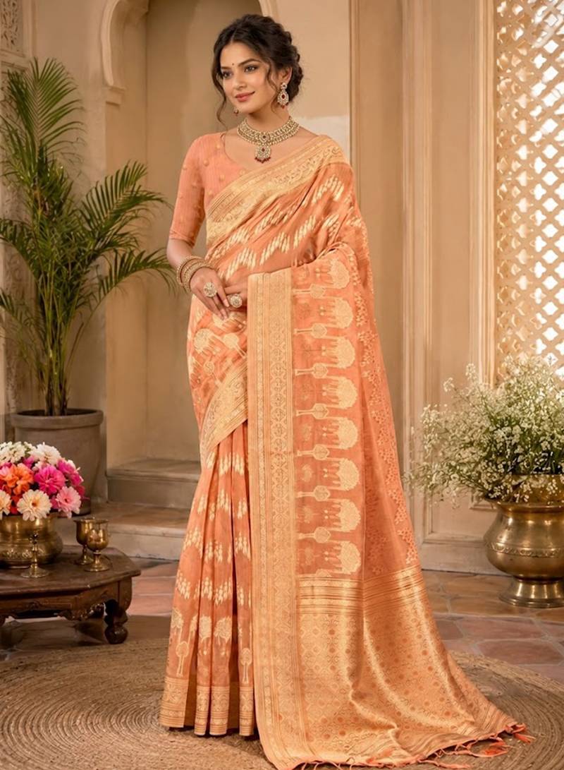 Sangam prints peach cotton silk woven work traditional saree