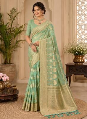 Sangam prints sea green cotton silk woven work traditional saree 1