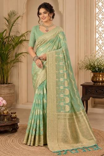 Sangam prints sea green cotton silk woven work traditional saree