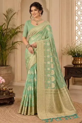 Sangam prints sea green cotton silk woven work traditional saree