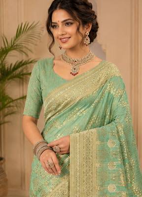 Sangam prints sea green cotton silk woven work traditional saree 2